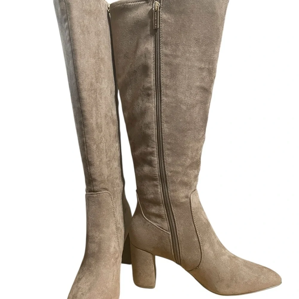 Anne Klein Tan Truffle Knee-High Block Heel Neutral Dress Boots sz 8.5W NIB